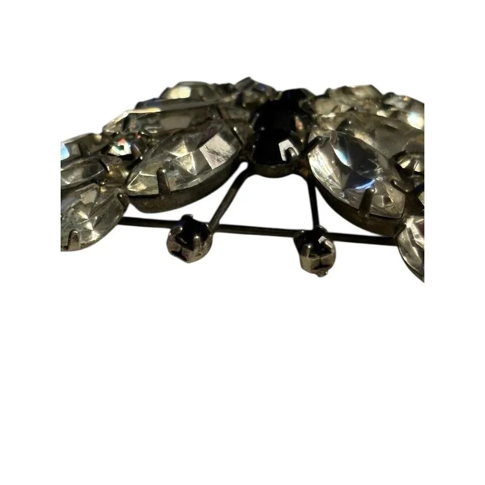 Butterfly Rhinestone Brooch Pin VTG‎ Black & Clear Rhinestones Silver Tone Retro